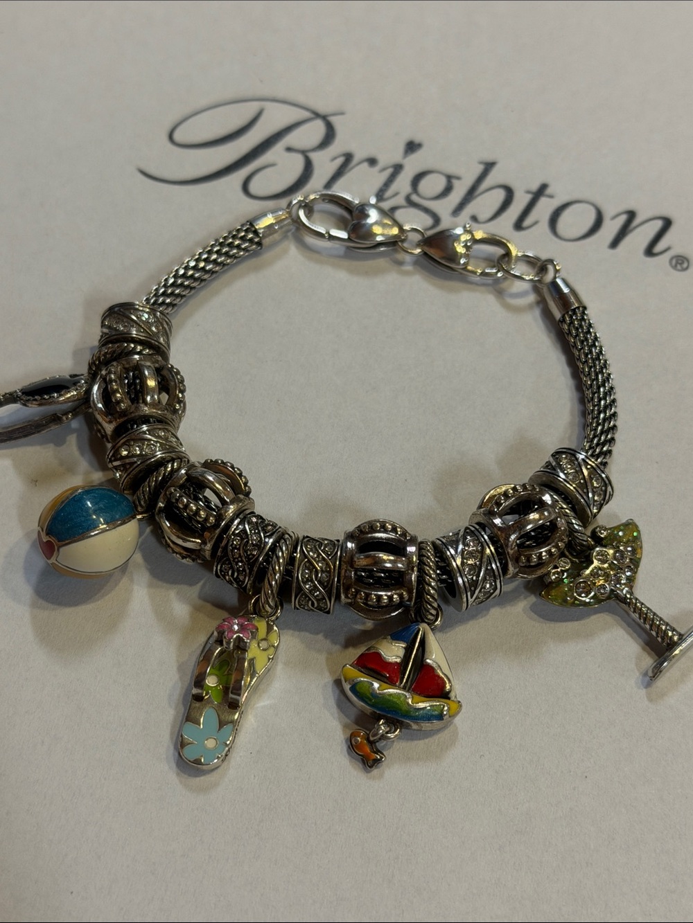 🌊⛵️ Brighton SWAROVSKI CRYSTAL SILVER Nautical Summer Beach Charm Bracelet